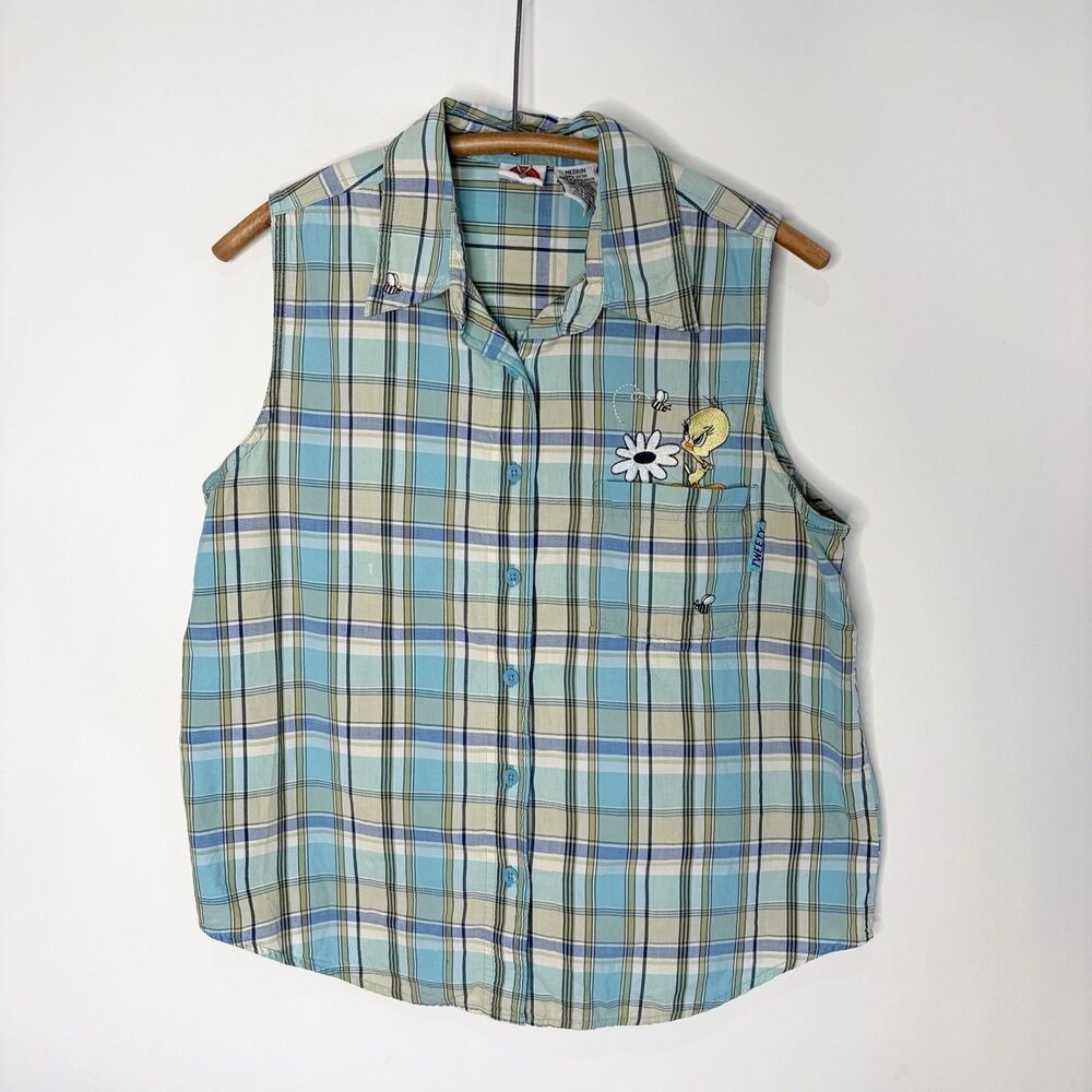 Vintage 90's Looney Tunes Tweety Bird Plaid Button Up Tank Sleeveless Shirt M